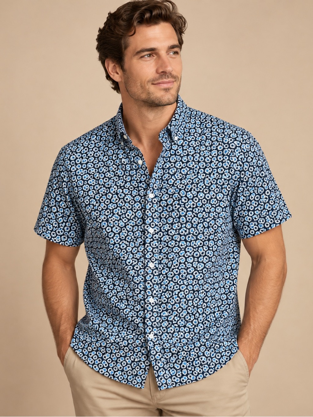 J.Crew Men's Navy Blue Floral Print Short Sleeve Button Down Shirt M